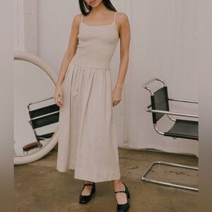 All:row the Marcella dress M natural linen blend smocked ruched pockets midi